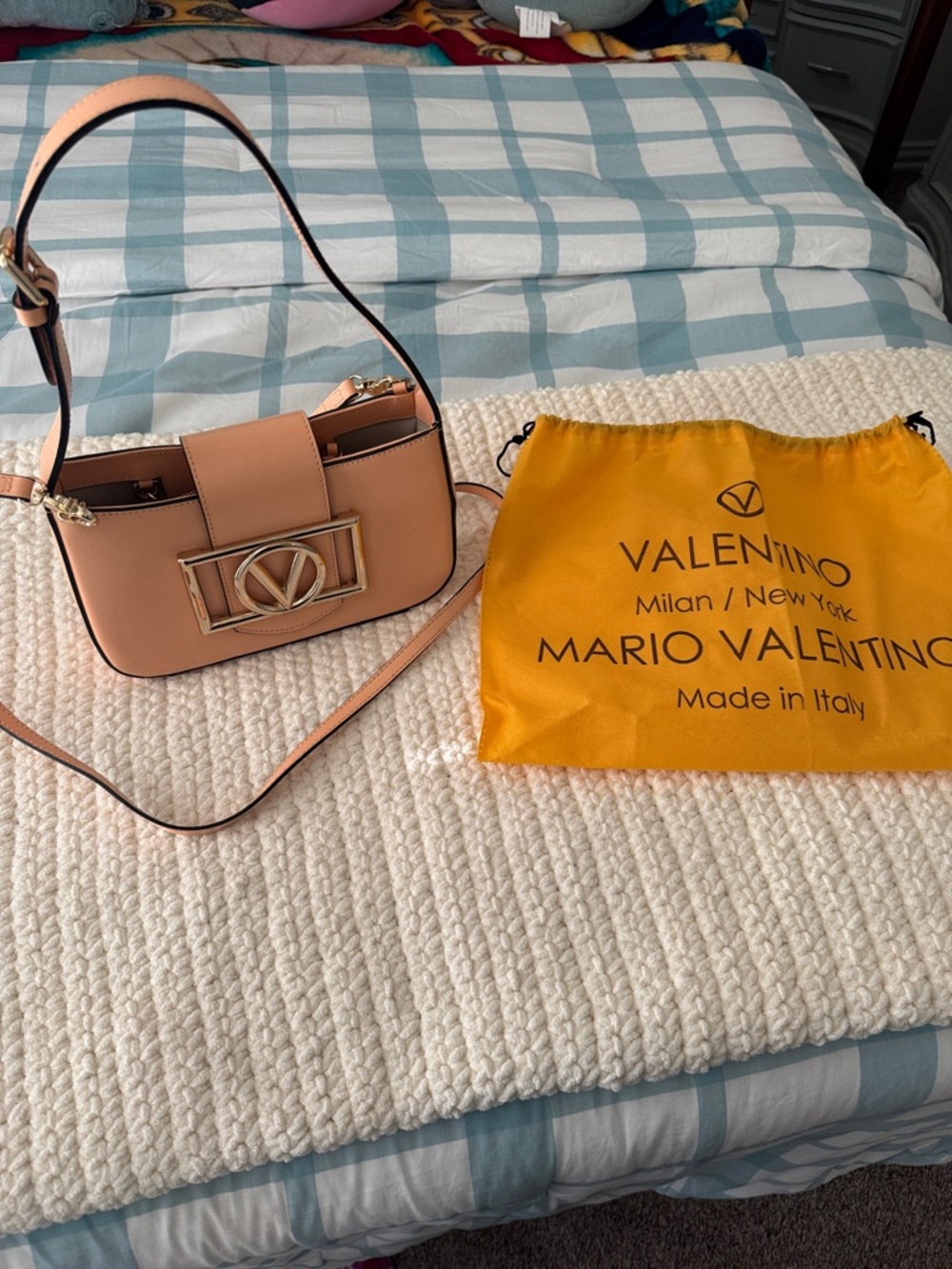 Valentino Peach-Tan Leather Crossbody with Gold Logo